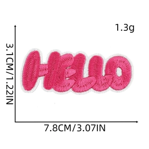 Pink embroidered HELLO letter patch with dimensions 7.8x3.1cm on white background