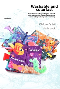 Detail of washable baby cloth books with 3D animal tails and vivid colorful prints
