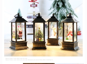 Macro shot of bronze Christmas lanterns featuring Santa, Angel, and Snowman designs