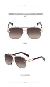 Detail view of gold metal square sunglasses with brown gray gradient lenses C3
