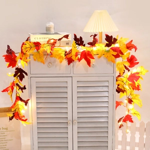 Artificial maple leaf garland with warm LED lights for Halloween and Autumn home decoration
