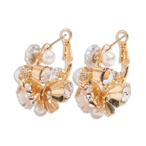 Vintage gold hoop earrings with white pearls, crystals and floral details in a luxury style