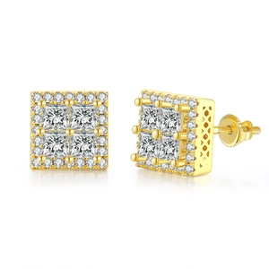 Detail of gold square stud earrings with princess cut zircons and screw-back closure