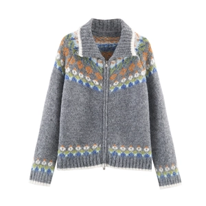 Grey Fair Isle knit cardigan with colorful geometric patterns and metal zipper closure