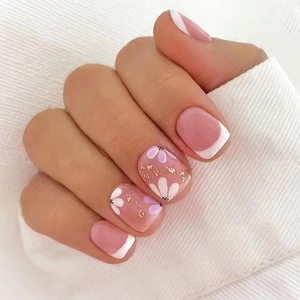 Matte Press On Nails Short Square French White Tip Purple Floral Gold Foil Sweet Style Fake Nails For Women