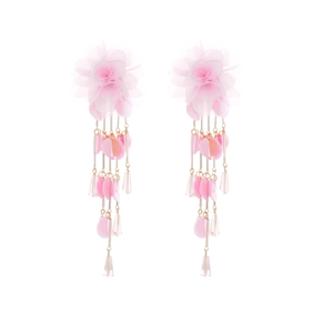 Pink chiffon flower tassel earrings with multilayer sequins and silver needles for women