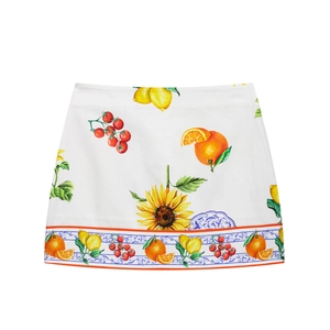 Jupe blanche pour femme avec motifs tournesols, citrons et bordure de carreaux bleus
