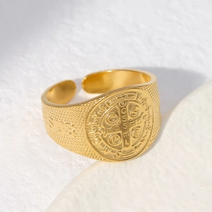 Saint Benedict Medal Ring Stainless Steel Religious Cross Jesus Engraved Adjustable Open Retro Jewelry For Men Women