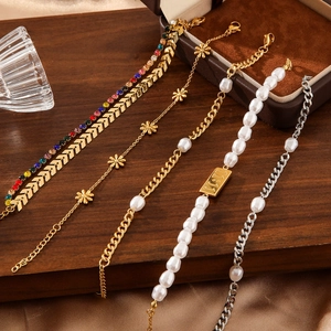 Stainless Steel Artificial Pearl Bracelet Women INS Style Gold Plated Daisy Flower Double Layer Rhinestone 11-11 Engraved Elegant