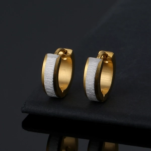 Classic titanium steel hoop earrings with gold edges and silver textured center inlay