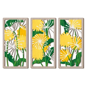 Décoration murale en bois pissenlit 3 pièces avec motifs floraux jaune vert