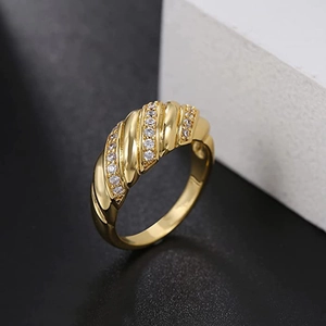 Gold-plated croissant twist ring for women with three rows of sparkling zircon stones