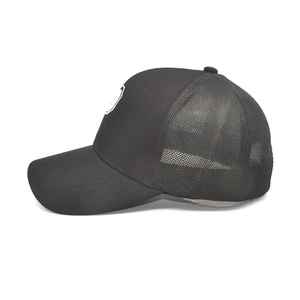 Unisex black mesh baseball cap with white letter embroidery and adjustable back strap