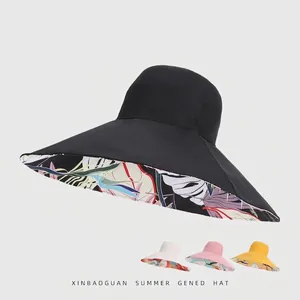 Reversible Bucket Hat Cotton Large Brim UV Protection Summer Sun Hat Tropical Leaf Print Foldable For Women