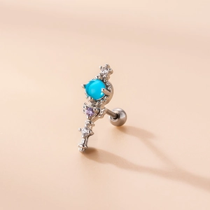 Surgical steel piercing stud with blue shell flower zircon and purple gem accents