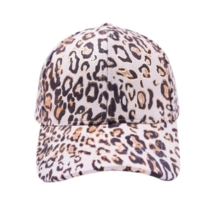 Close-up of leopard print baseball cap with metallic gold accents on cotton twill fabric
