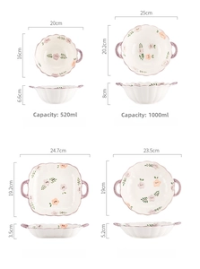 Size chart showing ceramic bowl and plate dimensions including height and capacity
