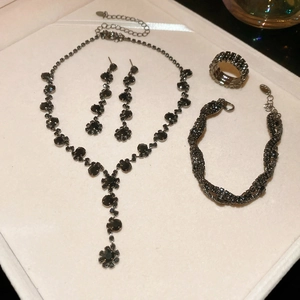 Detailed view of luxury jewelry set with black rhinestones and circular pendants