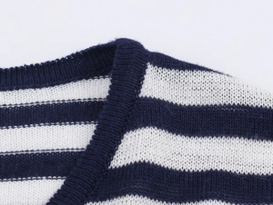 Detailed close-up of blue and white striped knit cardigan neckline with ribbing