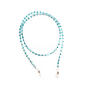 Detail of light blue beaded eyewear chain with silicone loops and silver metal coils