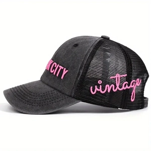 Vintage New York City trucker hat with pink embroidery and black breathable mesh