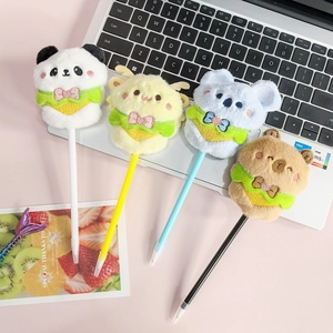 Set of four cute plush animal ballpoint pens featuring panda and koala on pink desk