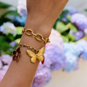 Minimalist 18K gold stainless steel bracelet set with butterfly and purple flower pendants