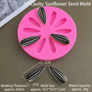 Vue détaillée du moule en silicone rose avec 10 cavités de graines et ses dimensions