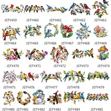 Grid display of 25 acrylic bird and flower wall ornaments with unique model codes