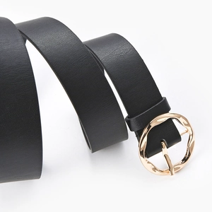 Women's black belt with textured golden round buckle for fashion casual wear