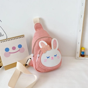 Cute pink canvas rabbit crossbody bag for kids with 3D bunny ears and sequins