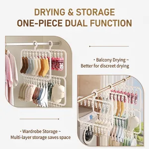 Multifunctional sock drying rack with multiple clips for closet storage and balcony hanging