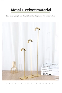 Three-tier gold metal jewelry display stands with black velvet padding for long necklaces