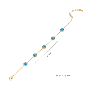 Golden chain bracelet featuring five blue evil eye charms with a lobster clasp closure