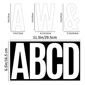 6-inch waterproof large letter stickers size chart showing A, W, and & symbol dimensions