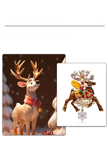 Detailed view of a golden Christmas reindeer brooch with red enamel and a snowflake charm