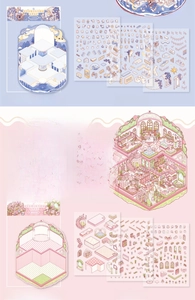 Detail of 3D layered cat stickers including PET sheets and DIY scenery cardboard