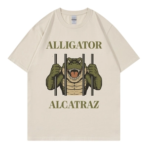 Men Cotton T-Shirt Round Neck Short Sleeve Alligator Alcatraz Graphic Print Funny Retro Casual Breathable Top