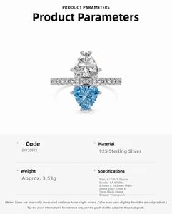 Detail showing S925 silver ring with blue triangle gemstone and water drop zircon