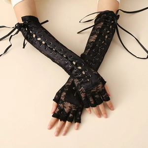 Long black lace fingerless gloves with ribbon lace-up design for Gothic stage parties