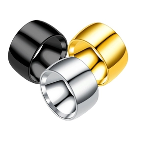 Polished titanium steel rings for men in black, gold, and silver in a stacked view
