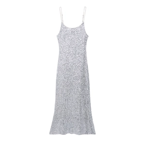 Femme Robe Maxi À Paillettes Argentées Camisole Bretelles Spaghetti Coupe Ajustée Élégant Soirée Cocktail Mode