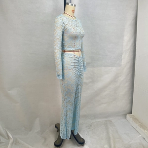 Side view of light blue floral lace set showing ruched detail and sheer fabric on mannequin