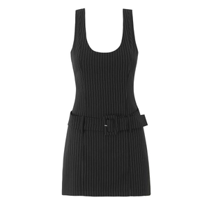 Vestito Mini A Righe Da Donna Senza Maniche Scollo A U Vita Alta Con Cintura Moda Vintage Elegante
