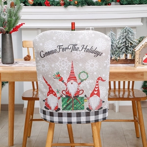 Gnome For The Holidays Christmas linen chair cover with buffalo plaid and snowflake patterns