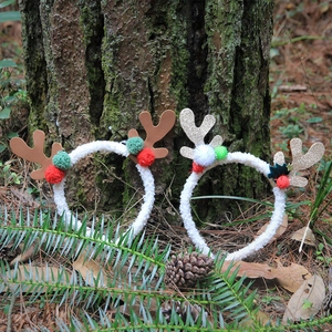 Christmas Reindeer Antler Headband Plush Fabric Faux Leather Glitter Pom Poms Star Festive Party Hair Accessories