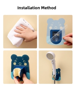 Four-step installation guide for cartoon bear adhesive shower head holder on wall