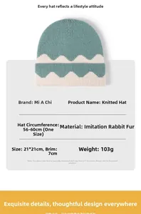 Detail specifications of faux rabbit fur knitted beanie with color block design