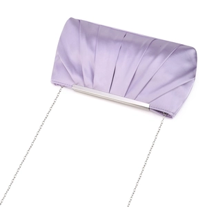 Detailed view of lavender satin evening bag with ruched texture and silver chain strap