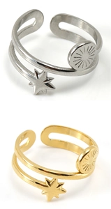 Detail of double-layer stainless steel hexagram ring in gold and silver finish